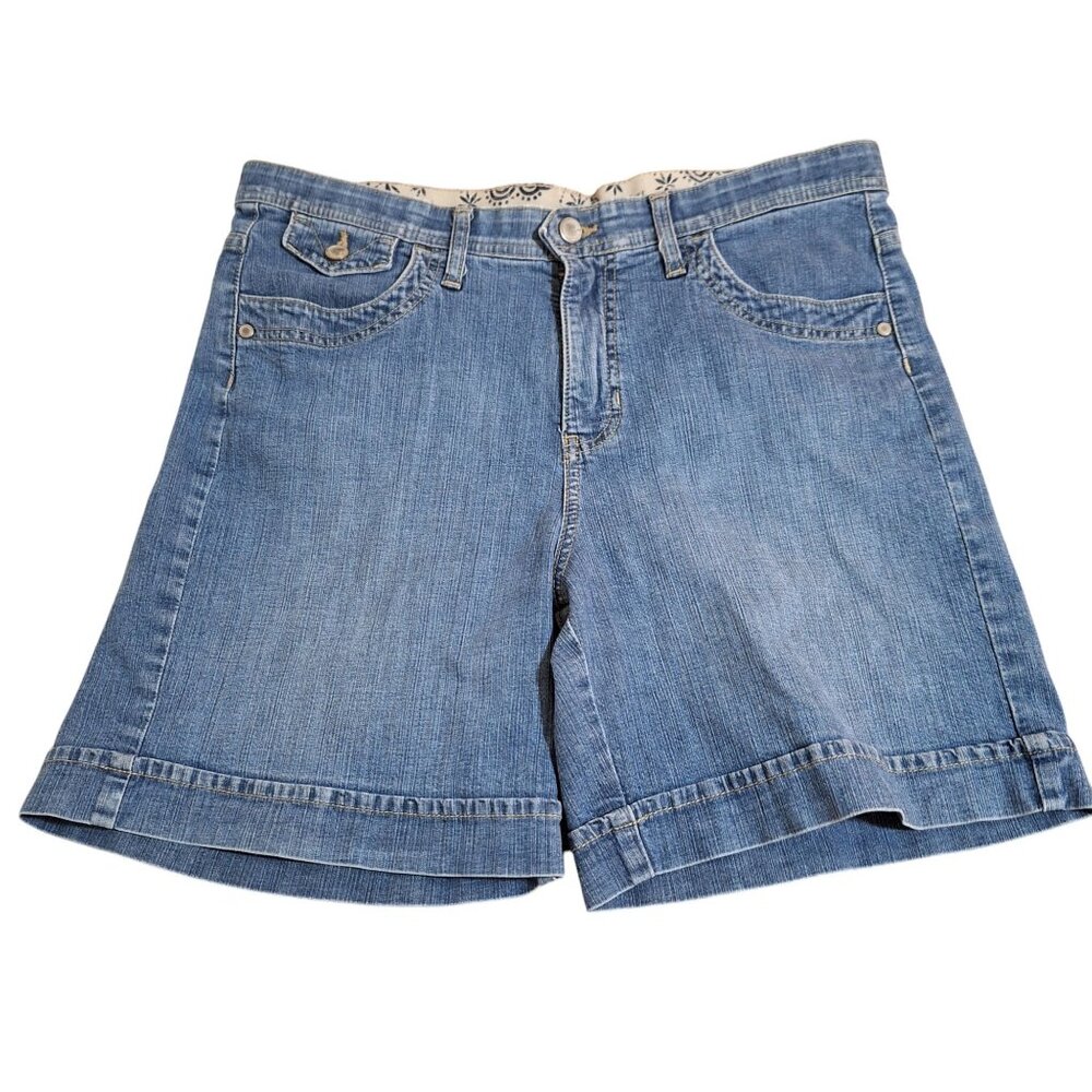 Lee Womens Comfort Waistband Stretch Jean Shorts Sz 12 Medium 4-Pocket Denim 34W